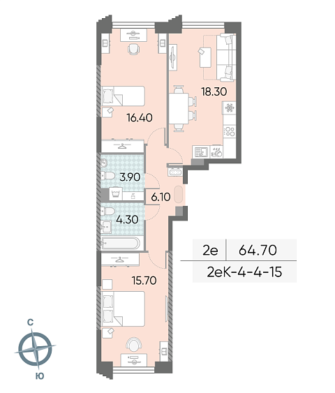 1 комн. квартира, 64.7 м², 5 этаж 