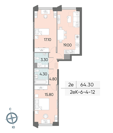 1 комн. квартира, 64.3 м², 9 этаж 