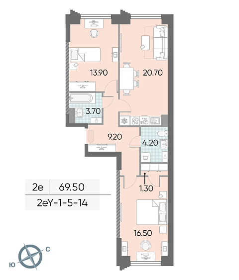 1 комн. квартира, 69.5 м², 8 этаж 
