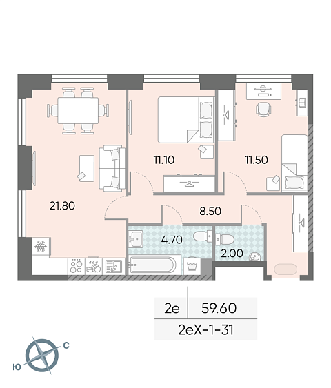 1 комн. квартира, 59.6 м², 31 этаж 