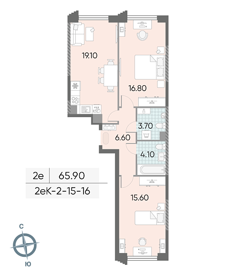 1 комн. квартира, 65.9 м², 16 этаж 