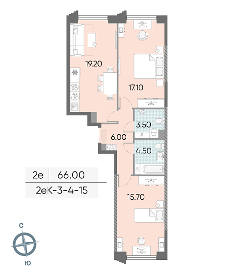 1 комн. квартира, 66 м², 15 этаж 