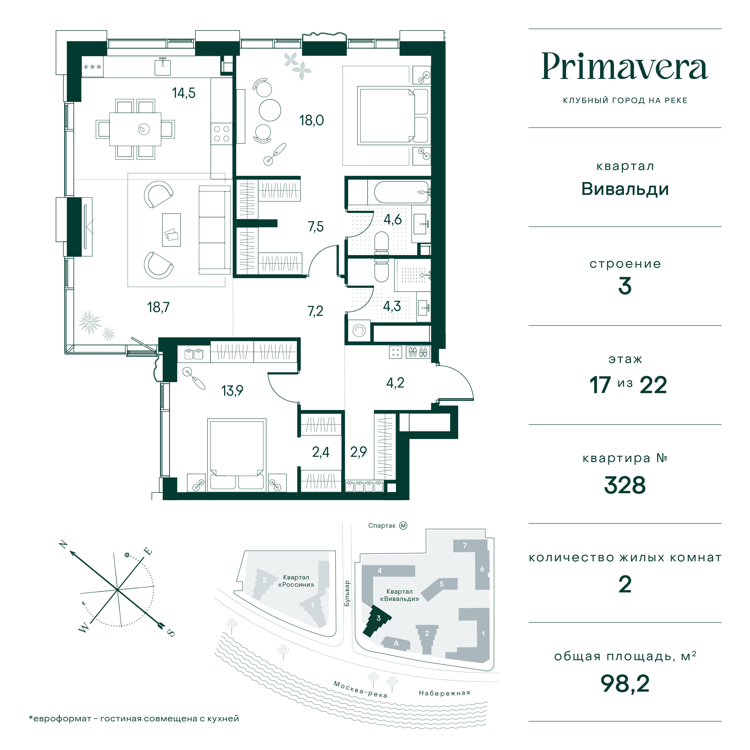 2 комн. квартира, 98.2 м², 17 этаж  (из 22)