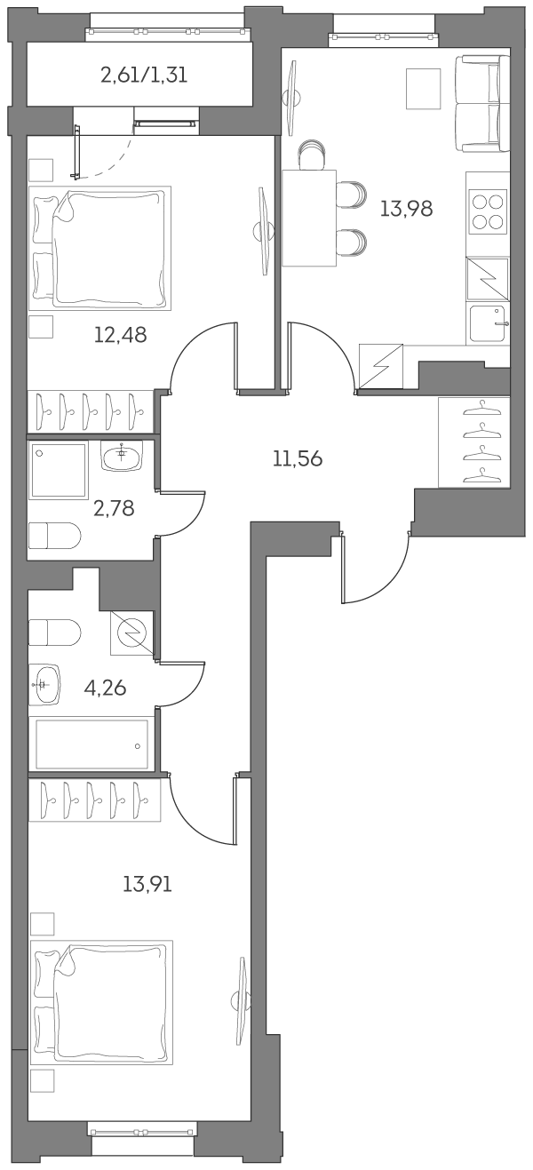 2 комн. квартира, 60.3 м², 11 этаж 