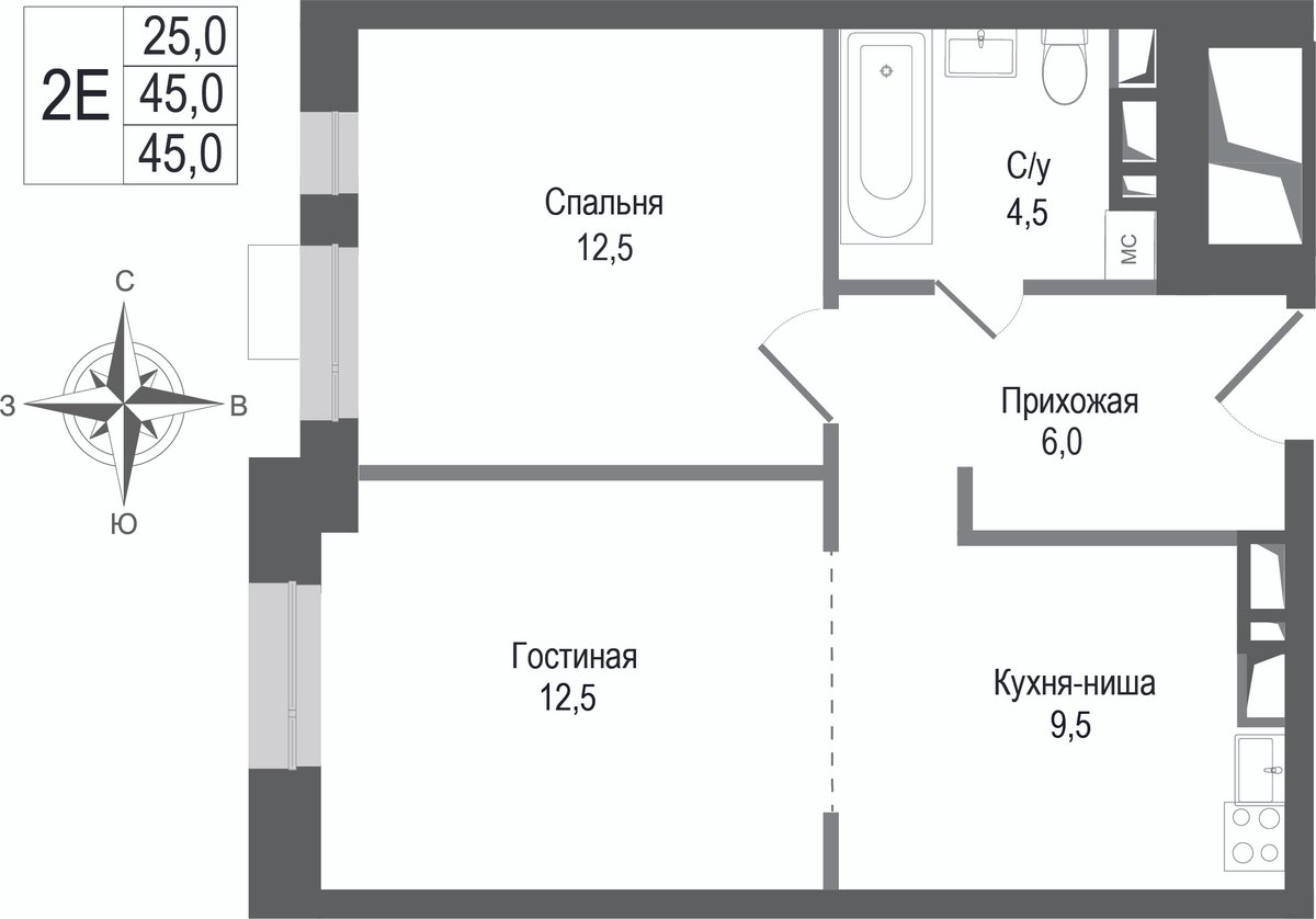 2 комн. квартира, 45 м², 1 этаж 