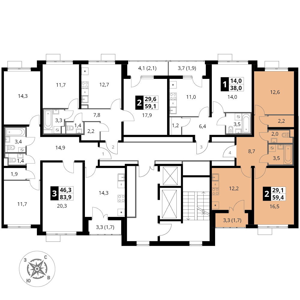 2 комн. квартира, 59.4 м², 14 этаж 