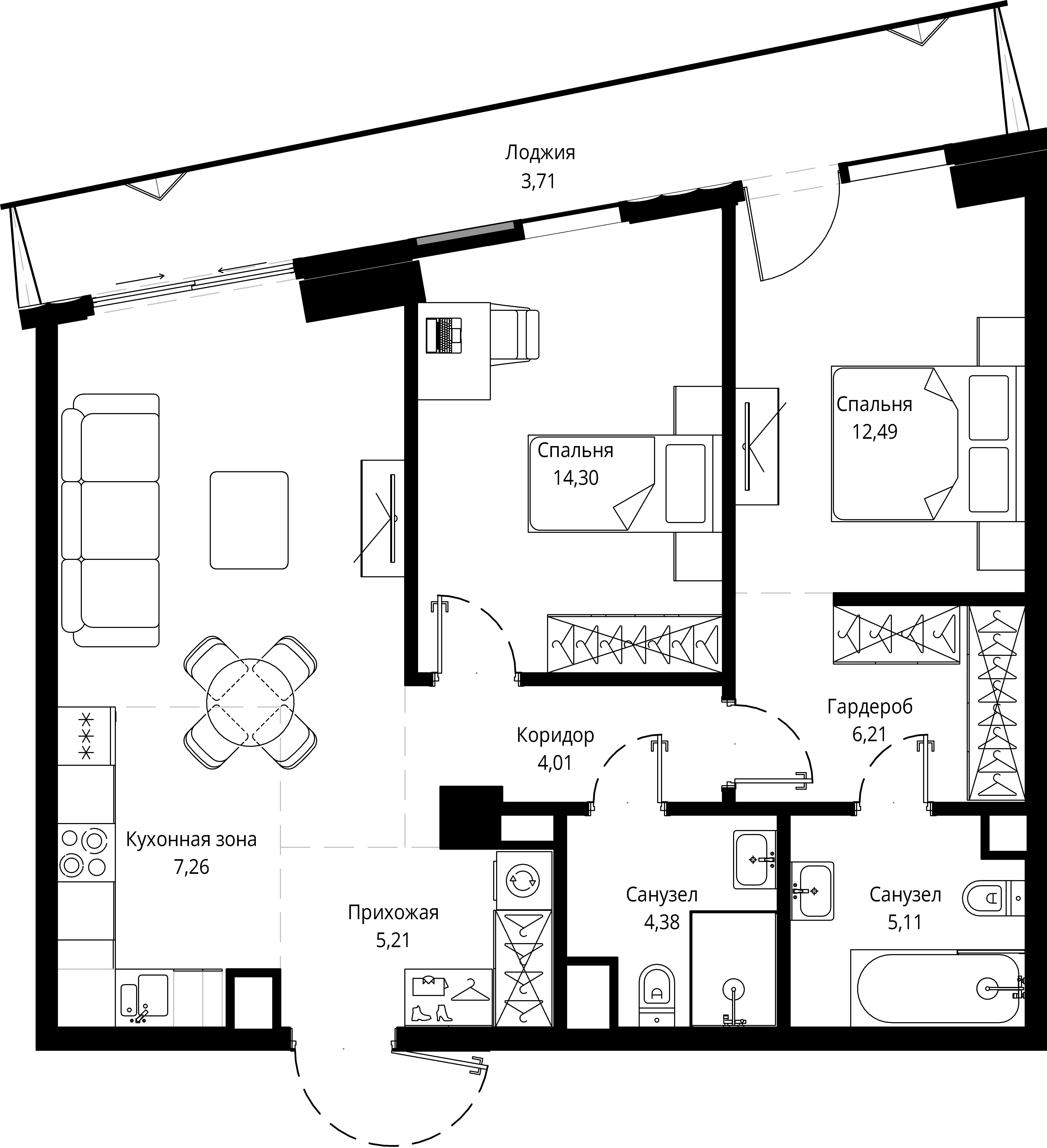 2 комн. квартира, 80.5 м², 3 этаж 