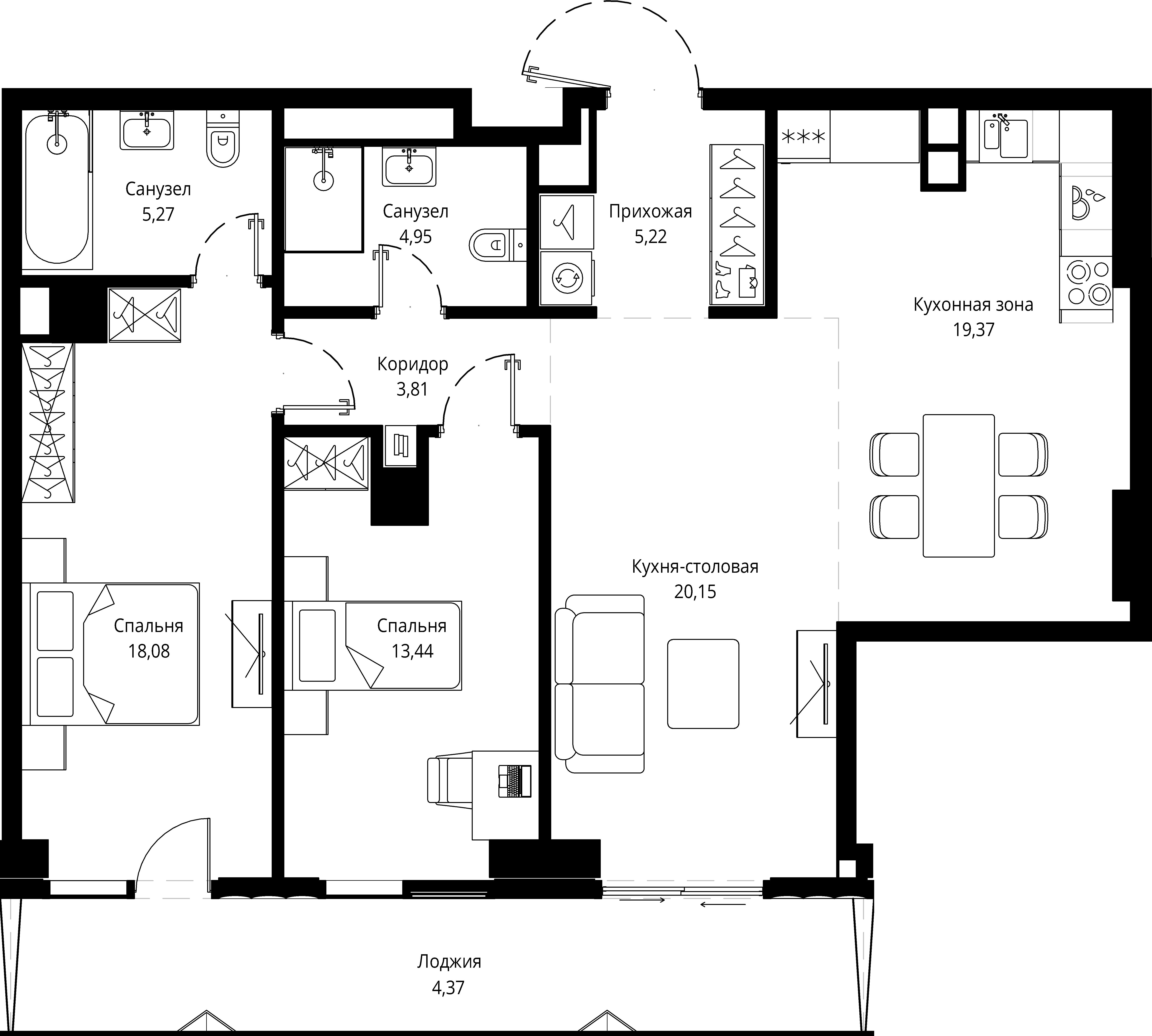 2 комн. квартира, 97.1 м², 3 этаж 