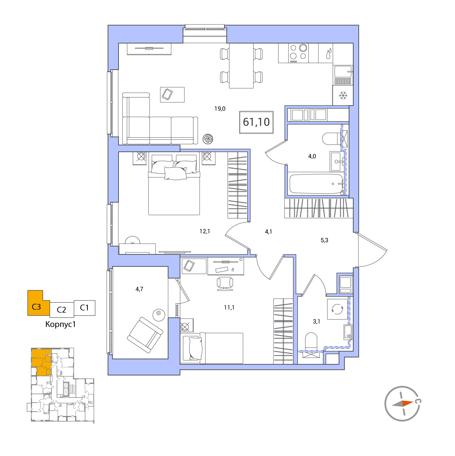 2 комн. квартира, 61.1 м², 7 этаж 