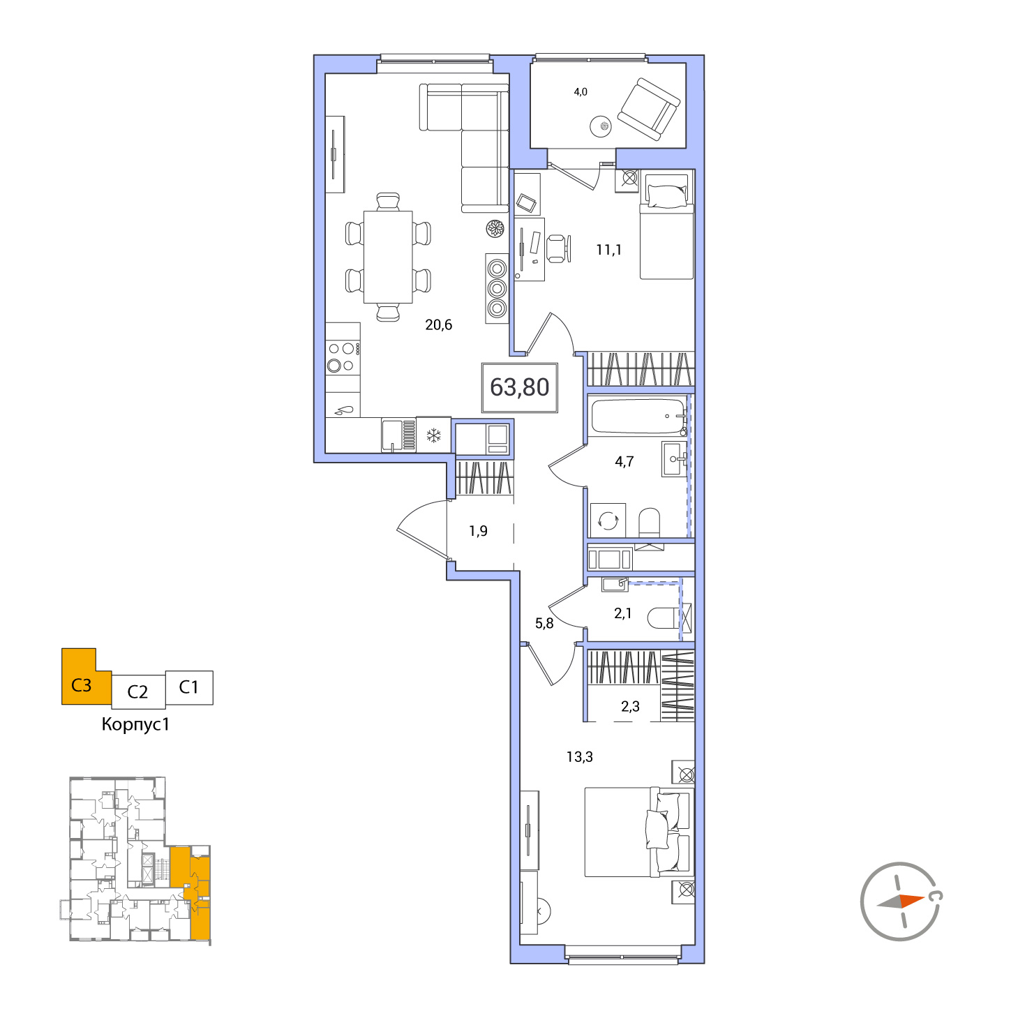 2 комн. квартира, 63.8 м², 3 этаж 