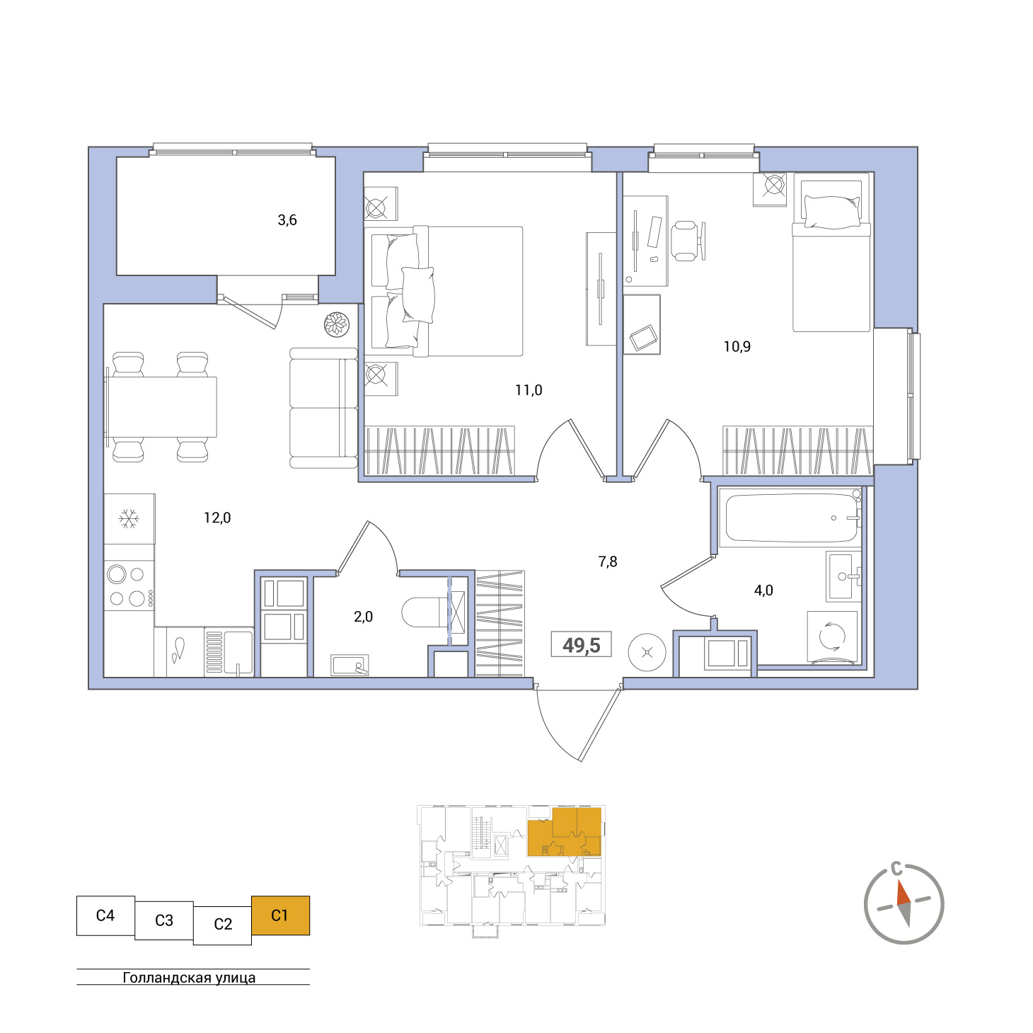 2 комн. квартира, 49.5 м², 3 этаж 