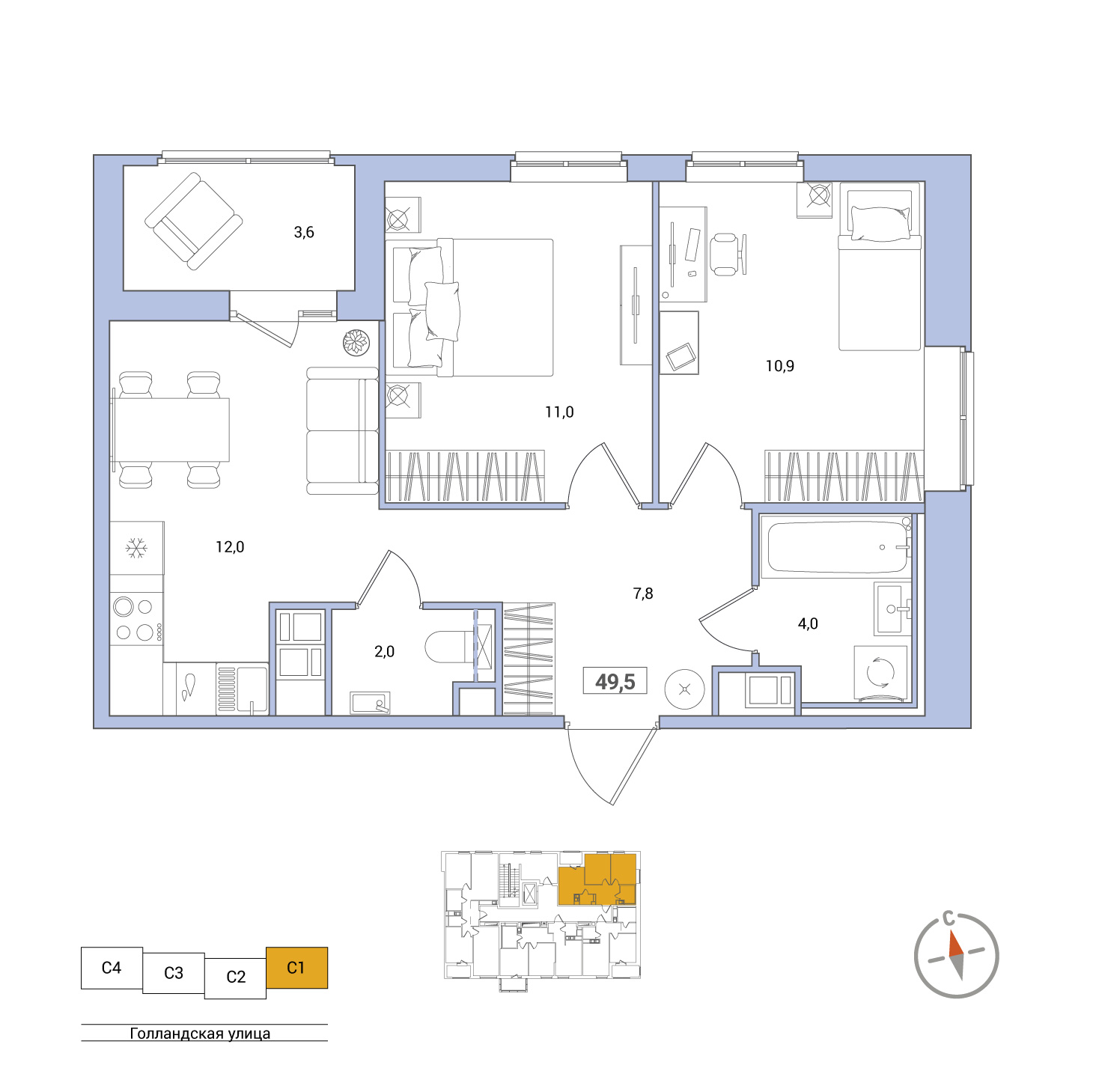2 комн. квартира, 49.5 м², 5 этаж 