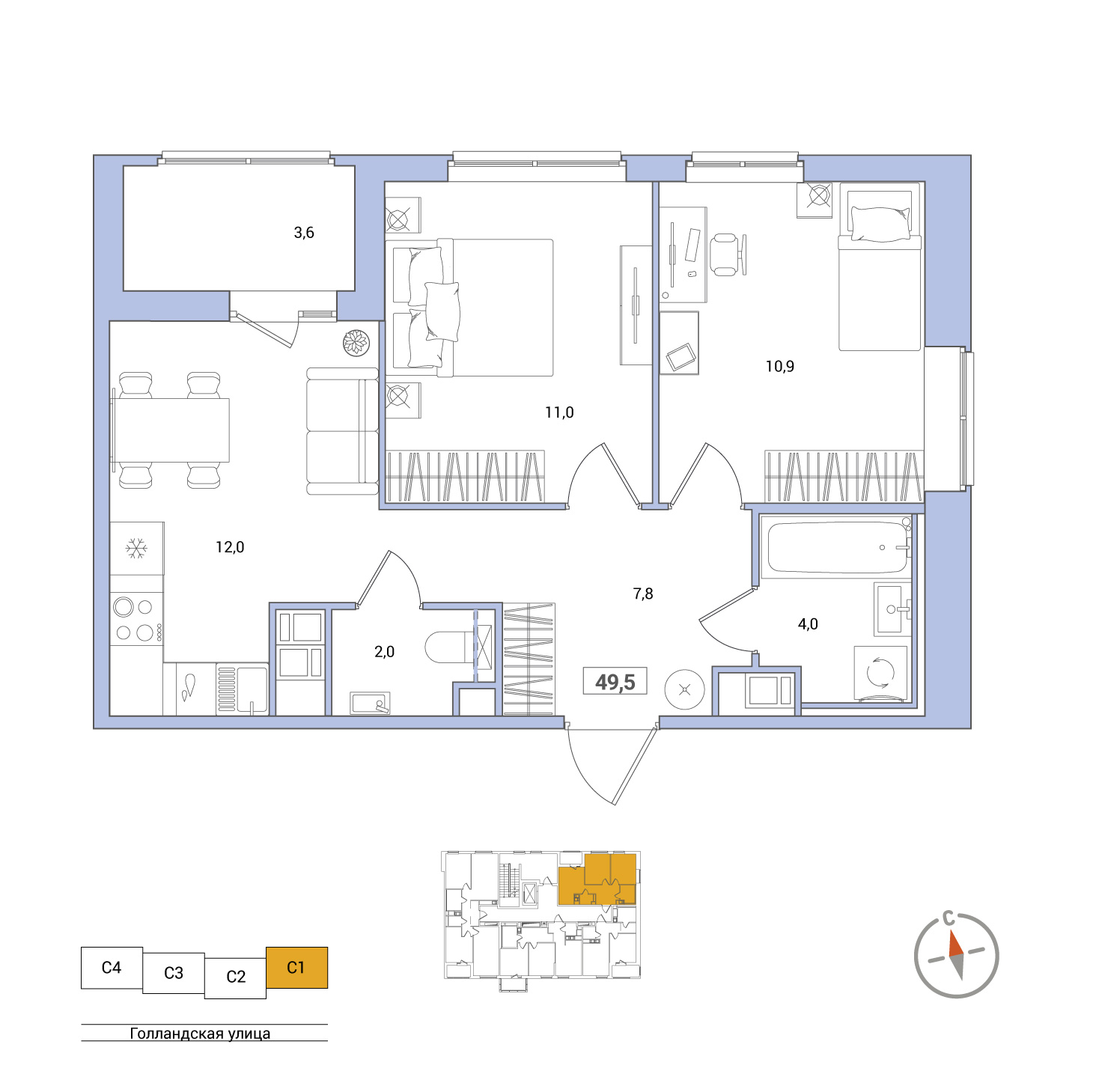 2 комн. квартира, 49.5 м², 7 этаж 