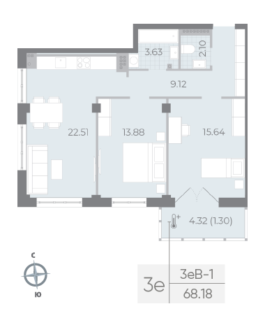 1 комн. квартира, 68.8 м², 8 этаж 