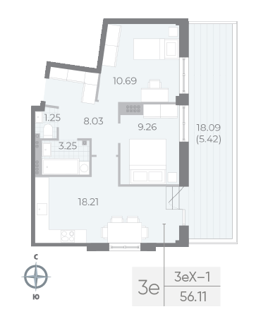 1 комн. квартира, 55.8 м², 8 этаж 