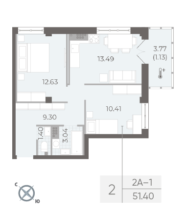 2 комн. квартира, 51.5 м², 8 этаж 
