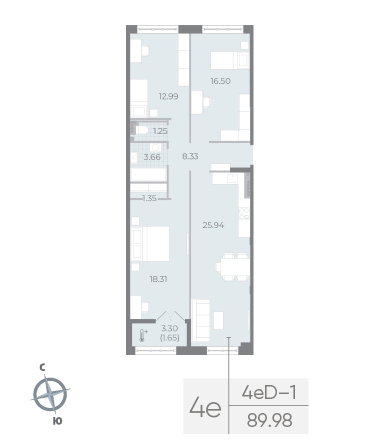 2 комн. квартира, 90.2 м², 6 этаж 