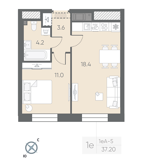студия, 37.2 м², 4 этаж 