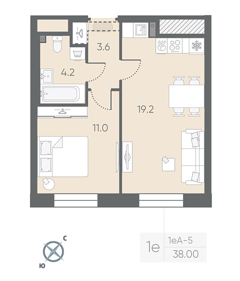 студия, 38 м², 2 этаж 