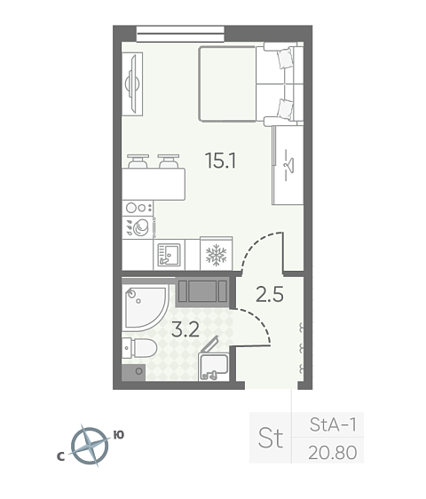 студия, 20.8 м², 6 этаж 