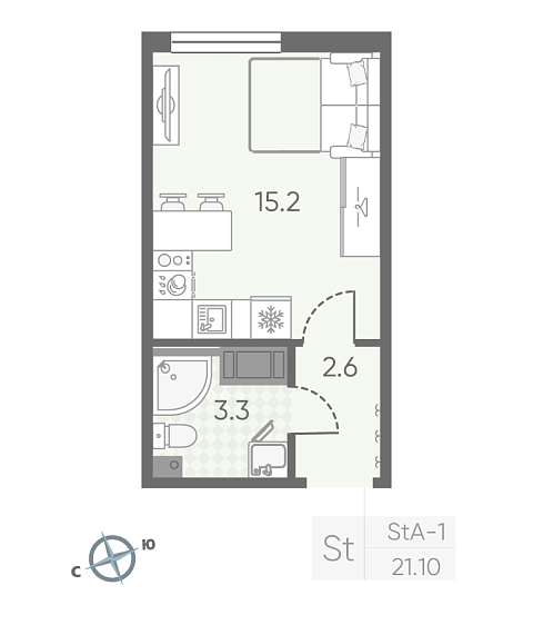 студия, 21.1 м², 9 этаж 