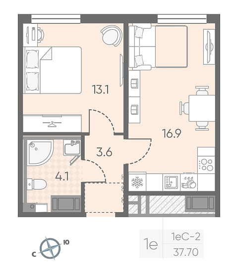 студия, 37.7 м², 15 этаж 