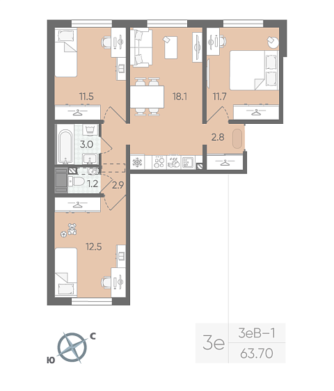 2 комн. квартира, 63.7 м², 18 этаж 