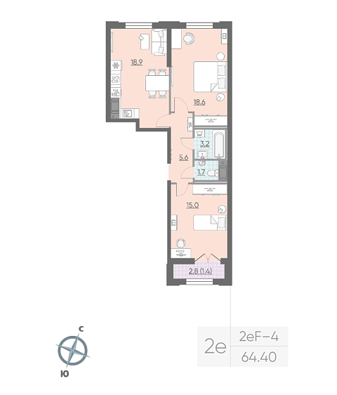 1 комн. квартира, 62.6 м², 15 этаж 