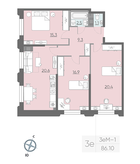 2 комн. квартира, 85 м², 3 этаж 