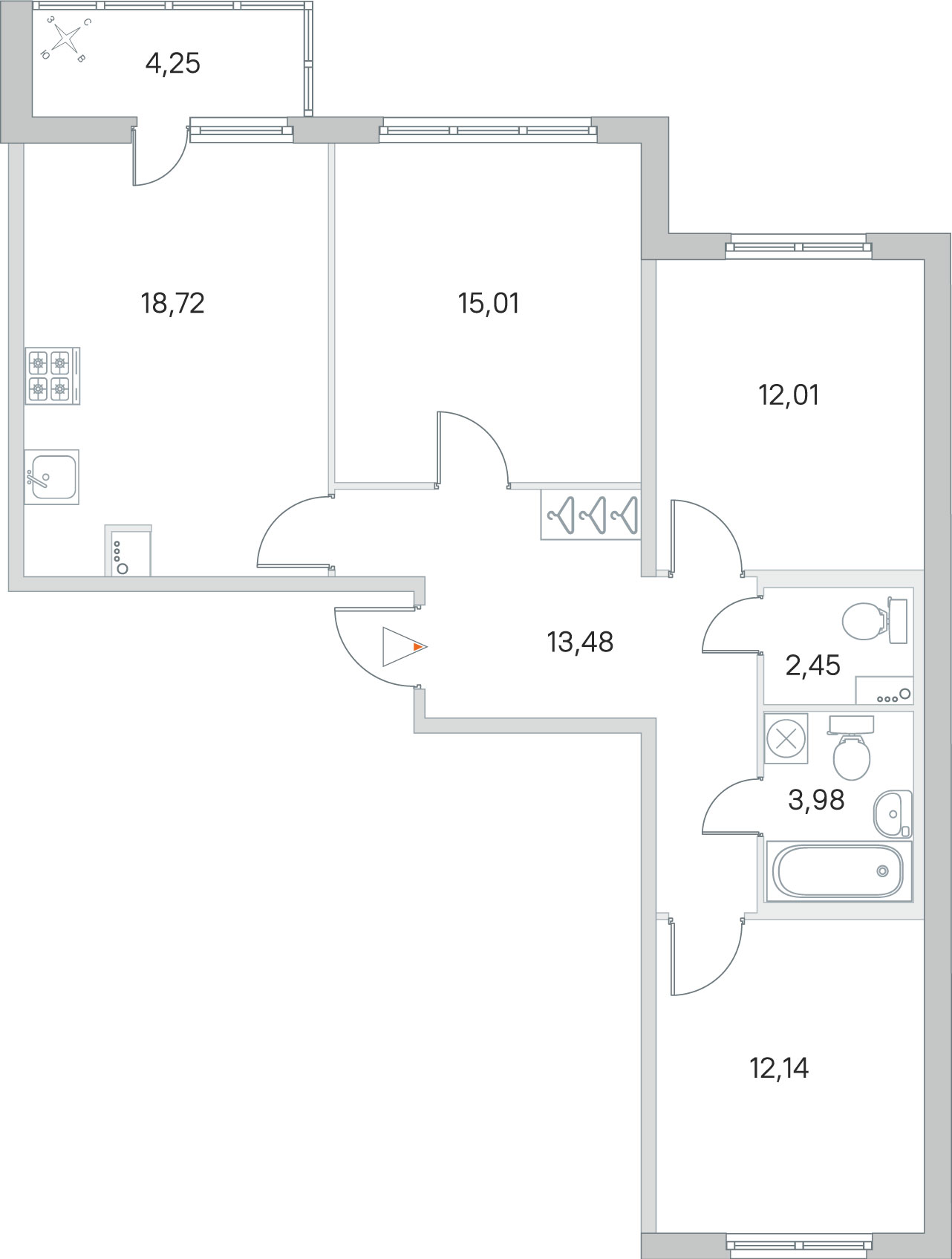 3 комн. квартира, 77.8 м², 1 этаж 