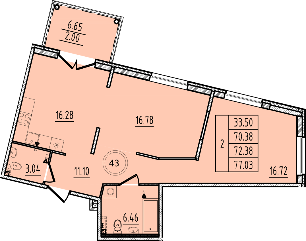 2 комн. квартира, 70.4 м², 1 этаж 