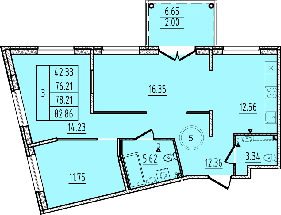 3 комн. квартира, 76.2 м², 1 этаж 