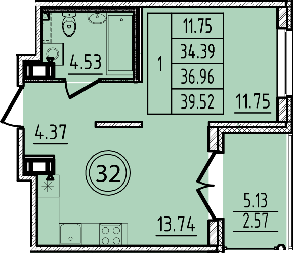 1 комн. квартира, 34.4 м², 3 этаж 