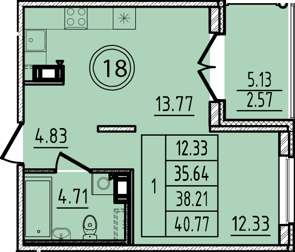 1 комн. квартира, 35.6 м², 2 этаж 