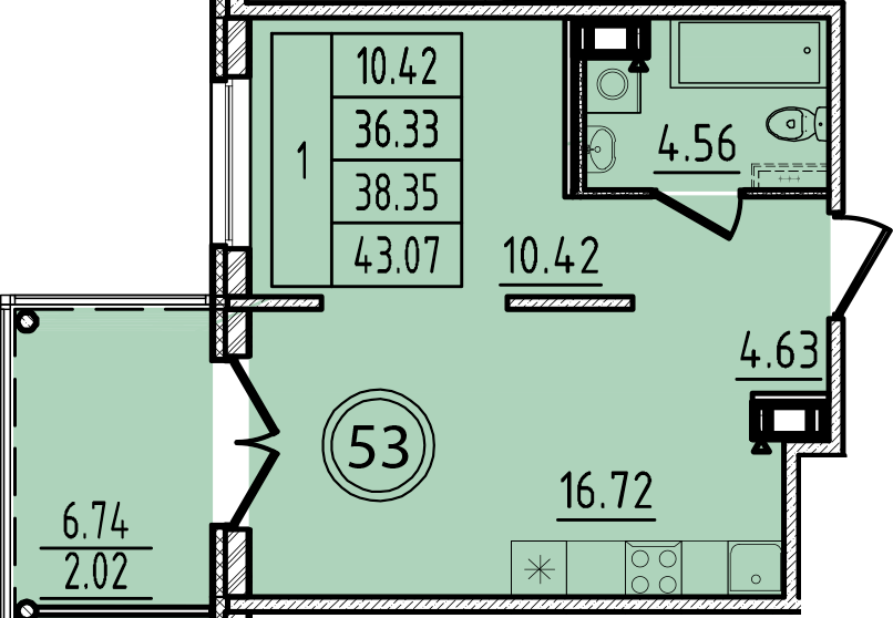 1 комн. квартира, 36.3 м², 2 этаж 