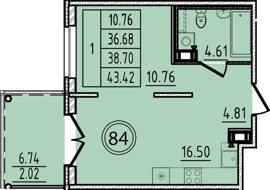 1 комн. квартира, 36.7 м², 2 этаж 