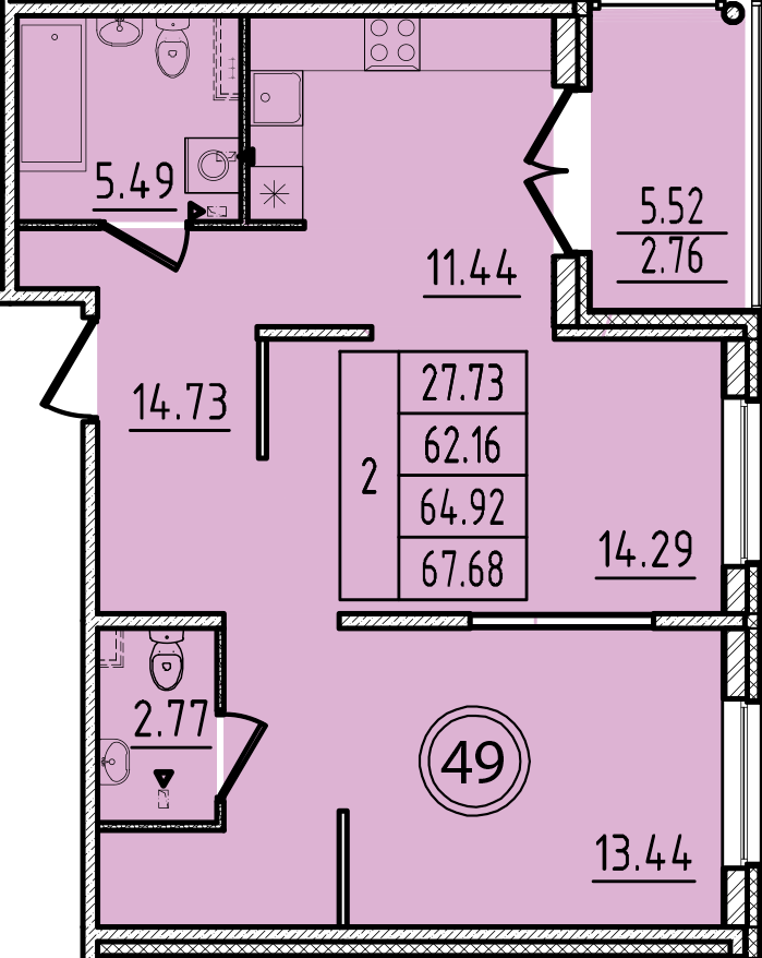 2 комн. квартира, 62.2 м², 1 этаж 