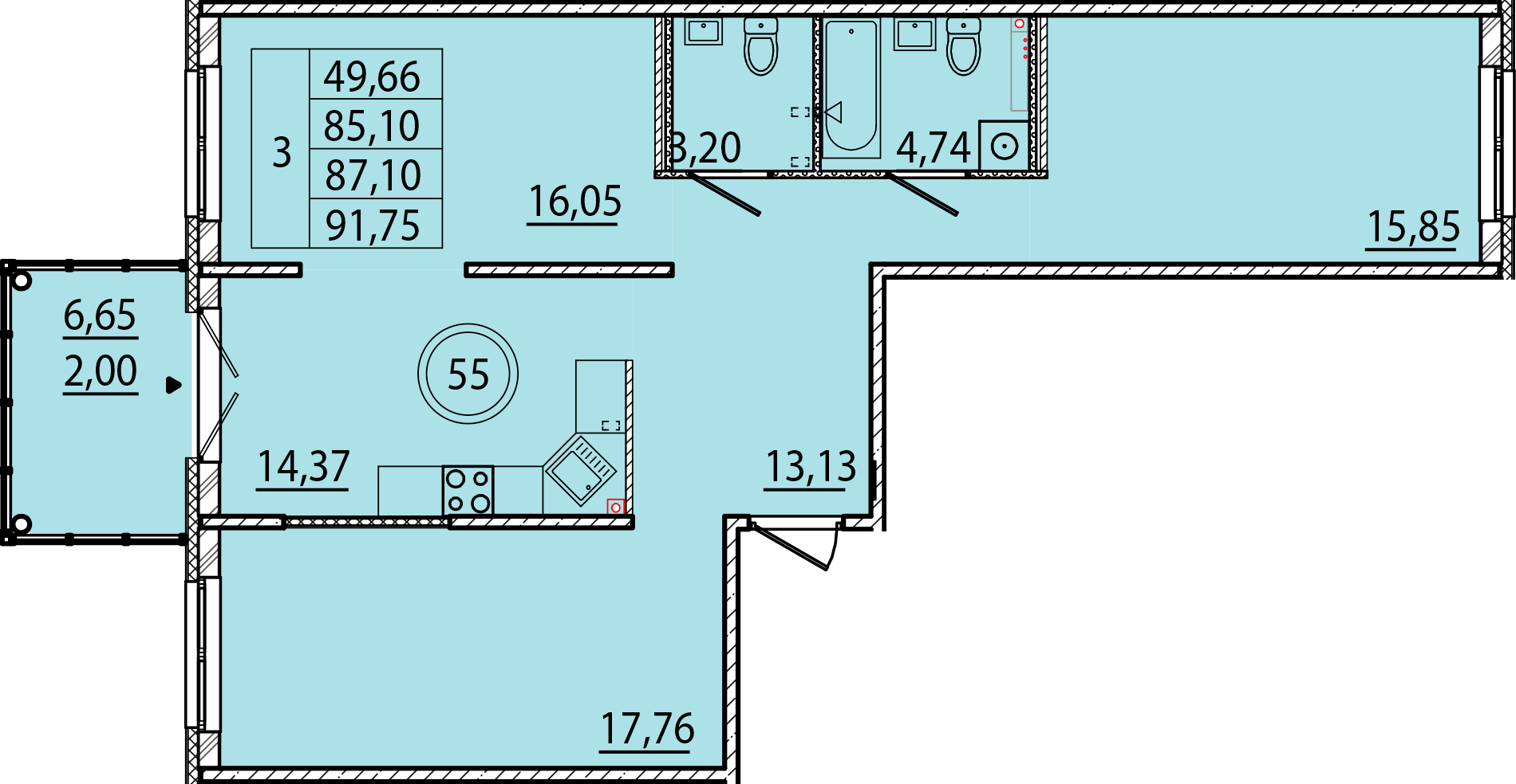 3 комн. квартира, 85.1 м², 1 этаж 