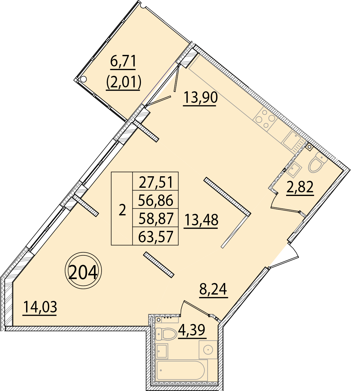 2 комн. квартира, 56.9 м², 1 этаж 