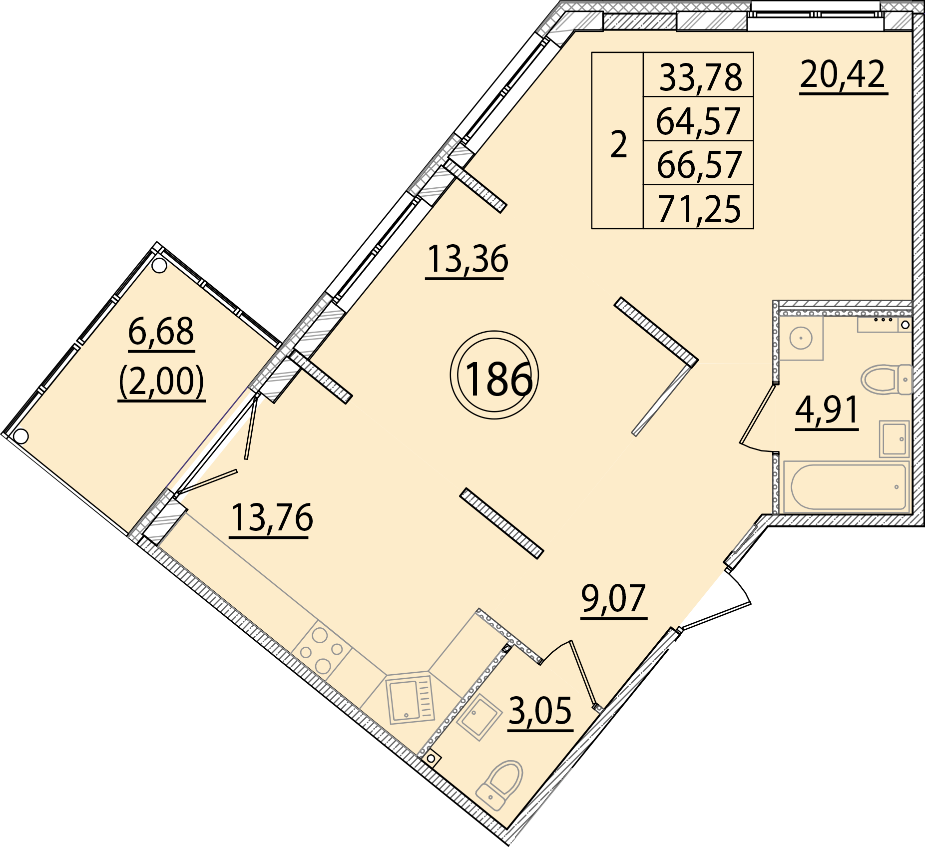 2 комн. квартира, 64.6 м², 1 этаж 