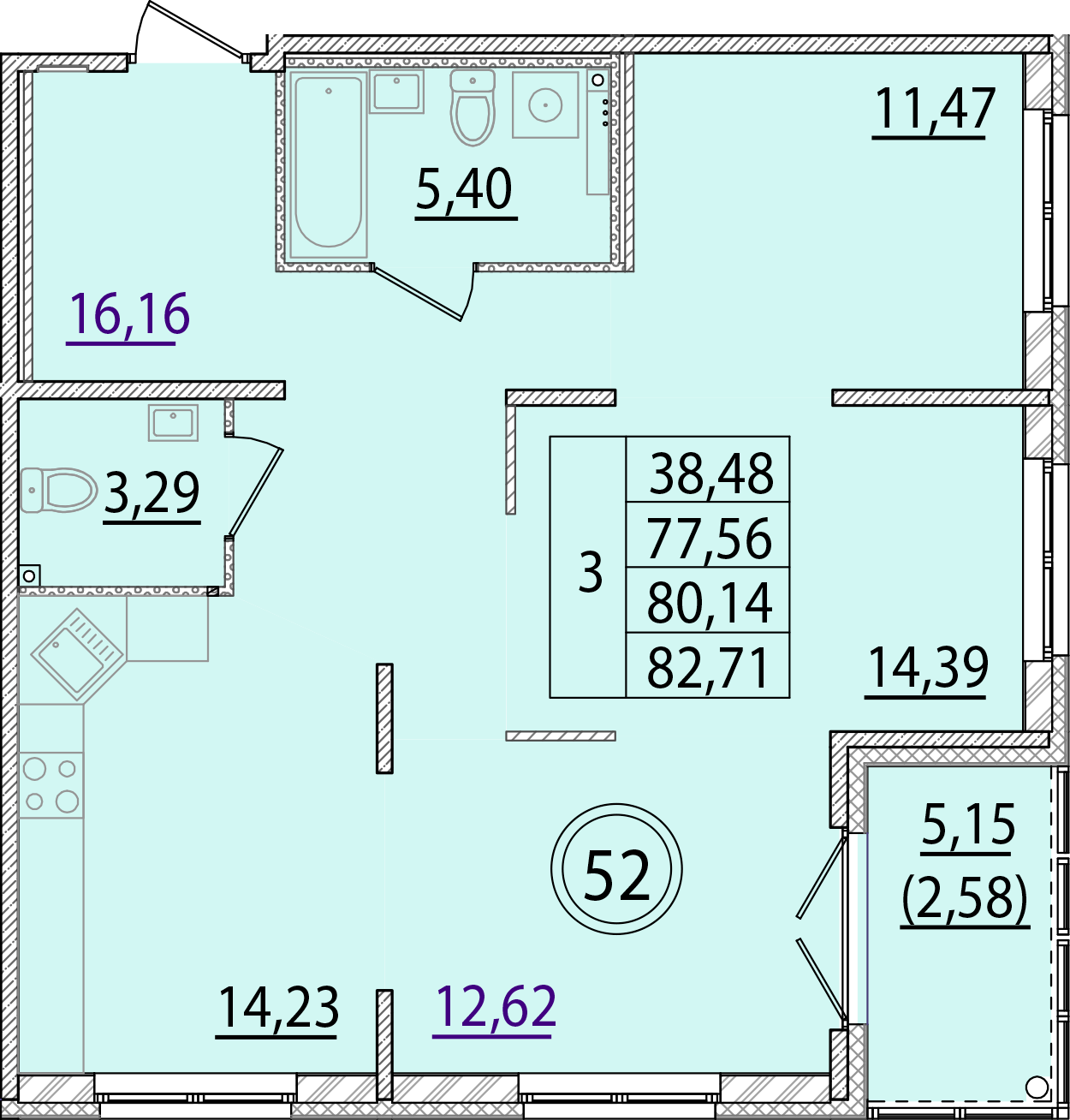 3 комн. квартира, 77.6 м², 1 этаж 