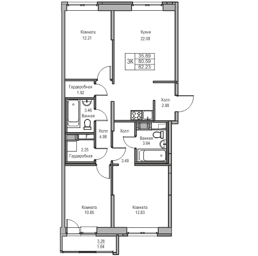 2 комн. квартира, 82.2 м², 19 этаж 