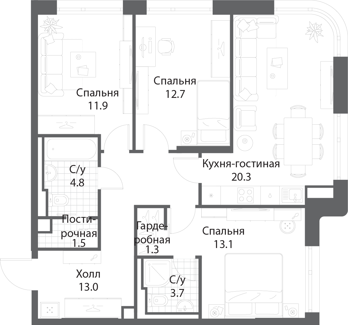 3 комн. квартира, 81.9 м², 11 этаж 