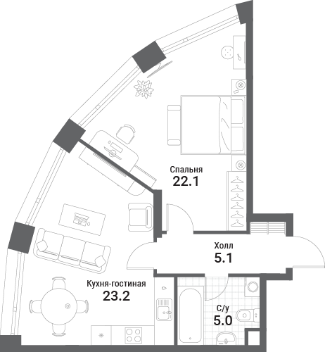 1 комн. квартира, 55.4 м², 8 этаж 