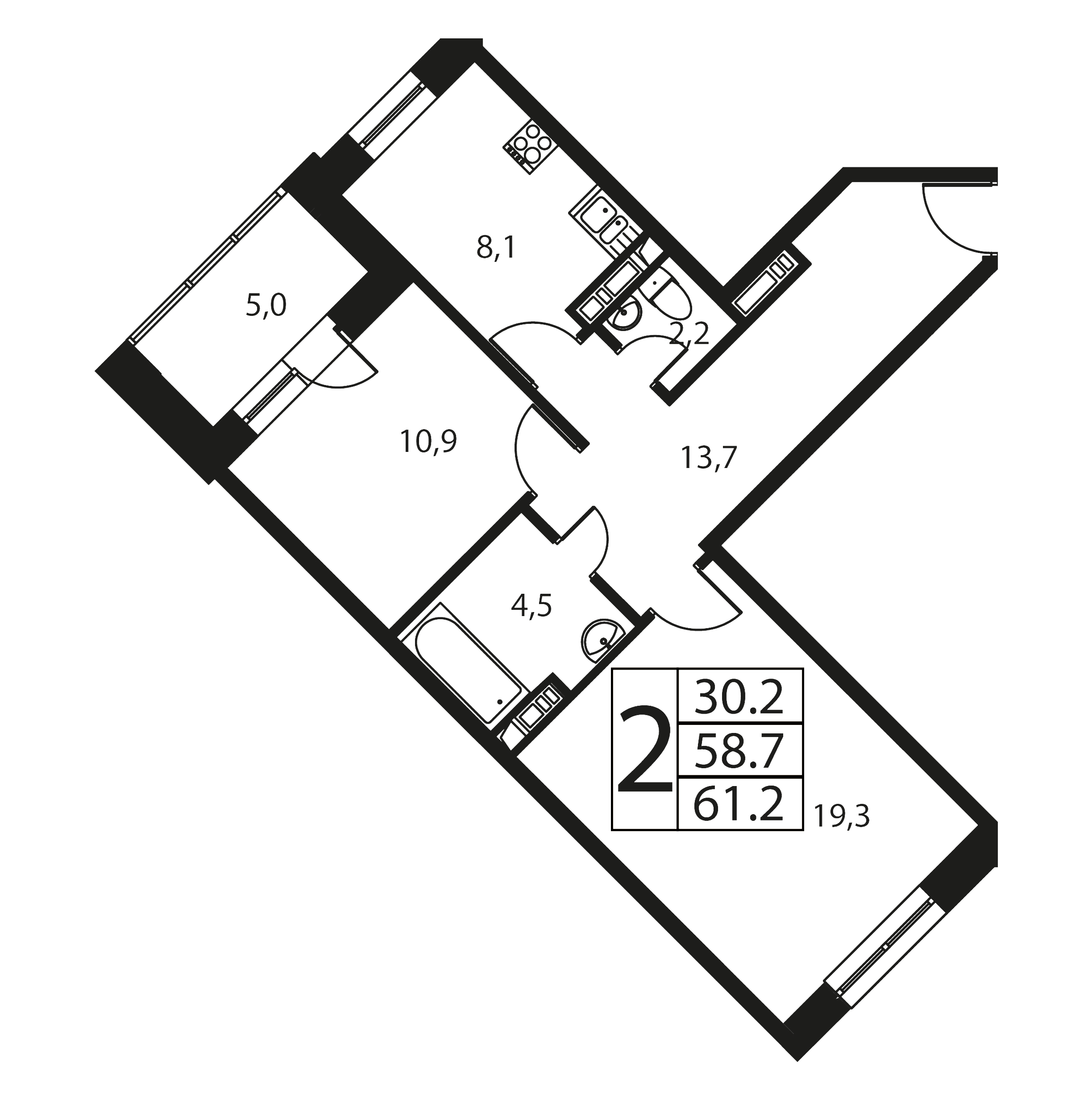 2 комн. квартира, 61.5 м², 16 этаж  (из 17)