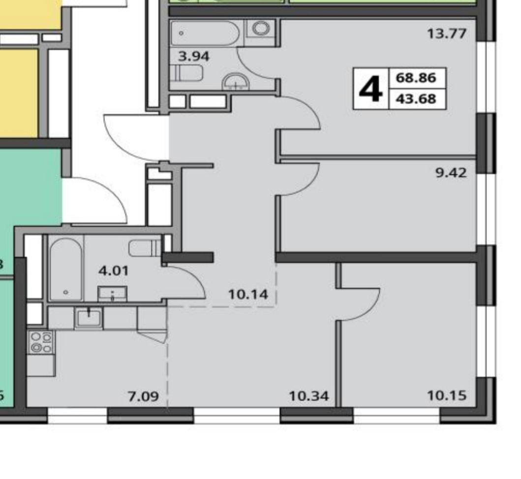 3 комн. квартира, 68.9 м², 17 этаж  (из 31)
