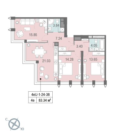 2 комн. квартира, 84.9 м², 38 этаж 