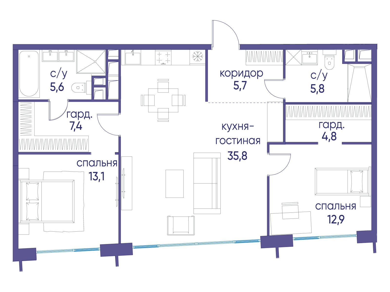 2 комн. квартира, 91.1 м², 8 этаж  (из 19)