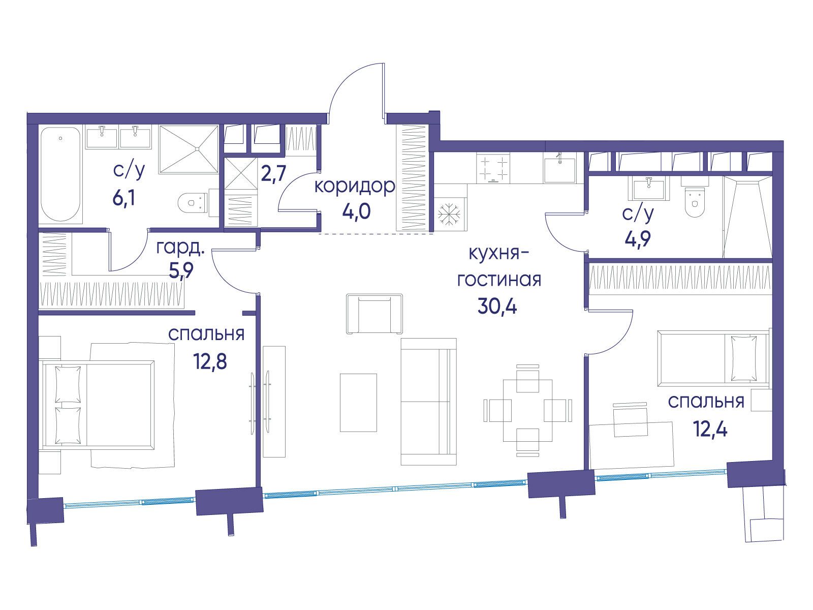 2 комн. квартира, 79.1 м², 5 этаж  (из 19)