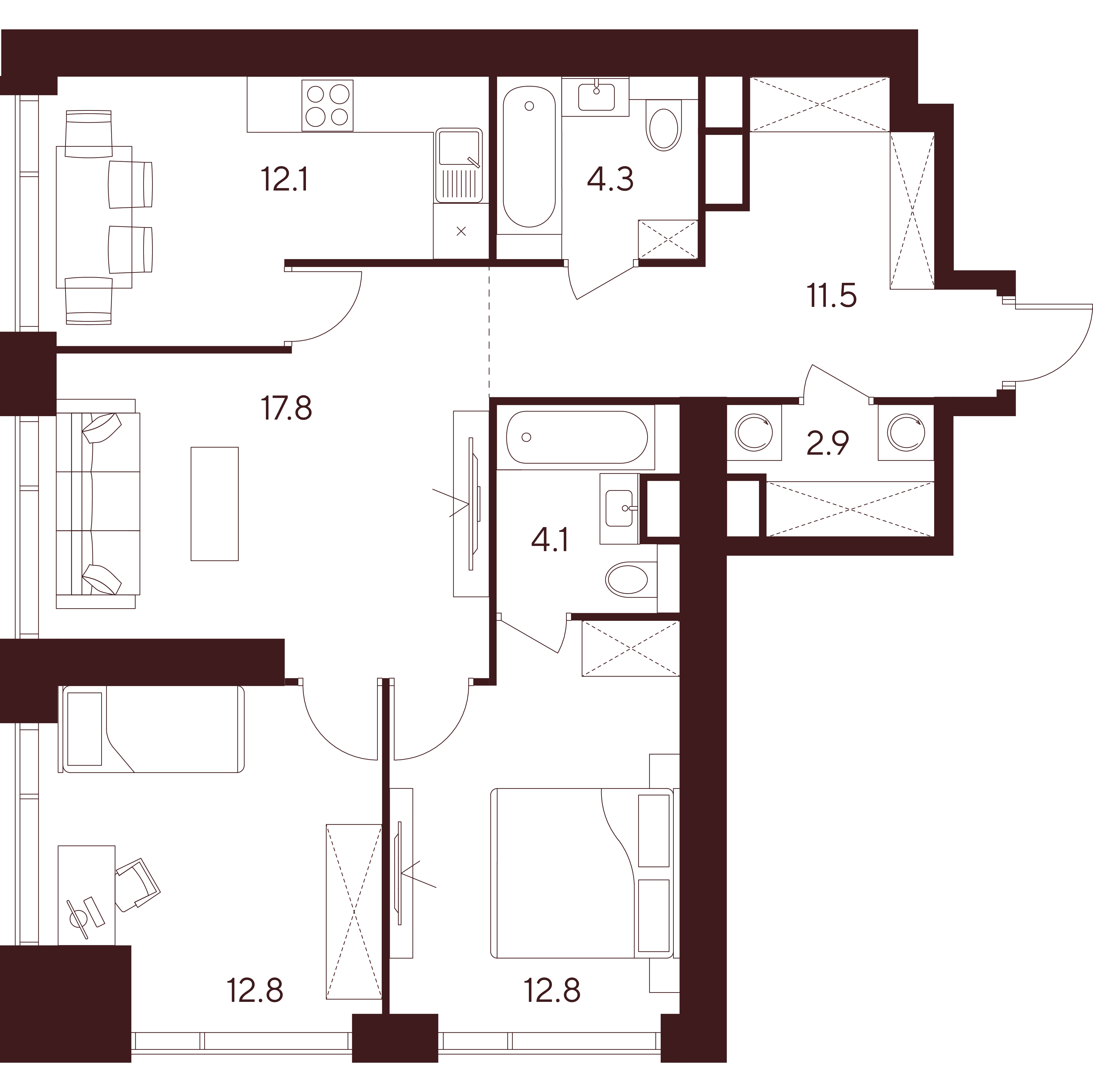3 комн. квартира, 78.3 м², 5 этаж 